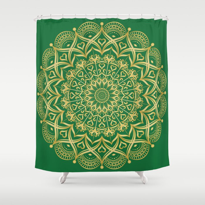 Elegant Mandala in Green and Golden Yellow Shower Curtain