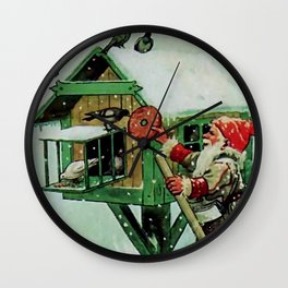 “Feeding Winter Birds” Elves by Jenny Nystrom Wall Clock | Folklore, Vintage, Ladder, Spirits, Snow, Gnome, Christmas, Painting, Scandinavian, Tomten 