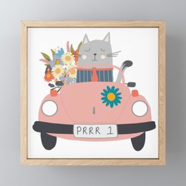 Romantic Cats with Flowers | Valentine Cats in Cars Framed Mini Art Print