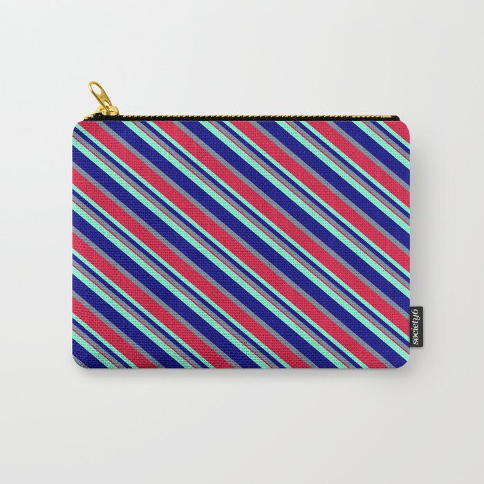 Aquamarine, Blue, Light Slate Gray & Crimson Colored Lines/Stripes Pattern Carry-All Pouch