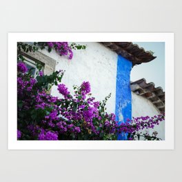 Pink Flowers with White and Blue mediteranean house Portugal Art Print