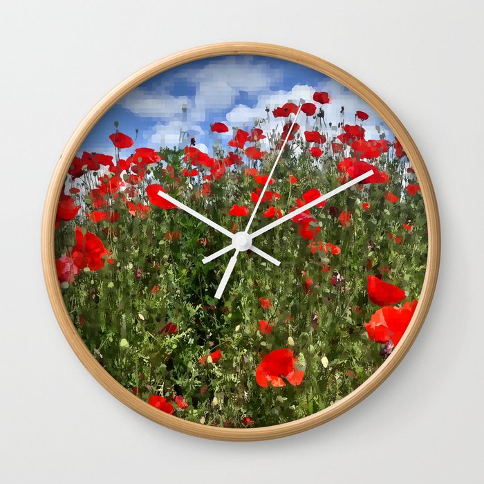 Red poppies blooming summer field pixel art Wall Clock