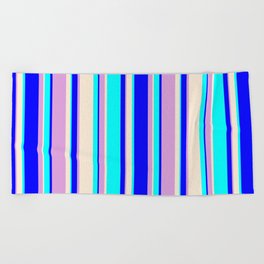 [ Thumbnail: Aqua, Beige, Plum & Blue Colored Lined Pattern Beach Towel ]