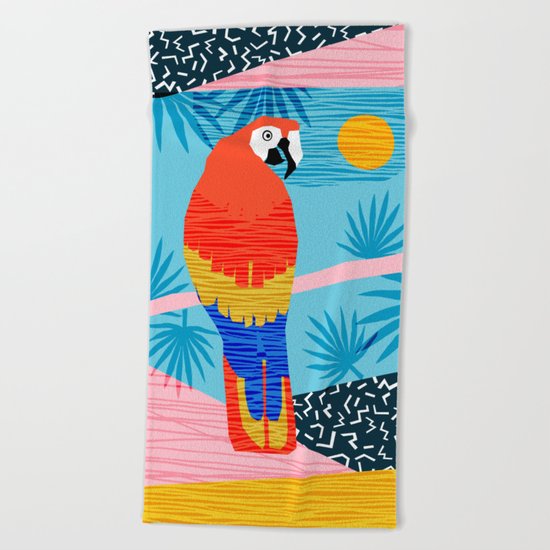 Say What - memphis throwback retro neon tropical 1980s 80s style hipster bright bird paradise art Beach Towel