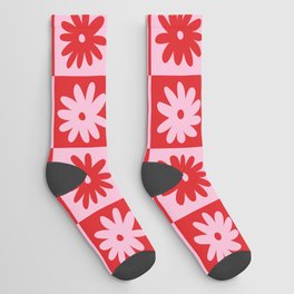 Pink & Red Checkerboard Flower Pattern Socks