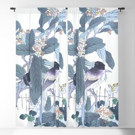 Kono Bairei - Azure Winged Magpies On Blossomed Loquat Tree - Antique Japanese Woodblock Print Art  Blackout Curtain
