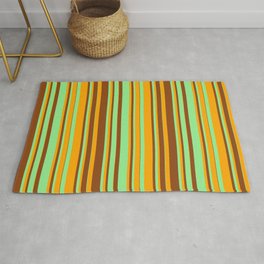 [ Thumbnail: Brown, Light Green, and Orange Colored Striped Pattern Rug ]