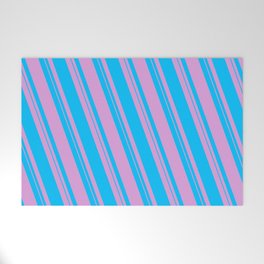 [ Thumbnail: Plum & Deep Sky Blue Colored Lined Pattern Welcome Mat ]