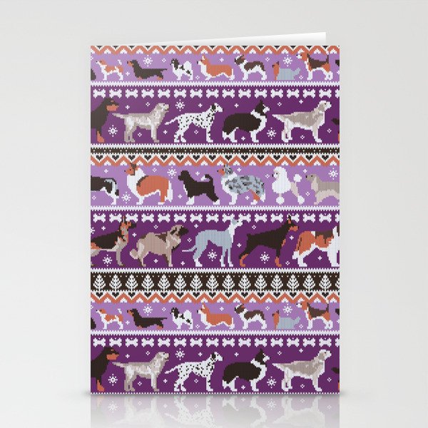 Fluffy and bright fair isle knitting doggie friends // seance purple and east side violet background brown orange white and grey dog breeds  Stationery Cards