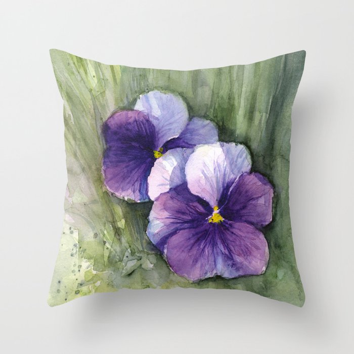 Purple Pansies Watercolor Flowers Painting Violet Floral Art Throw Pillow