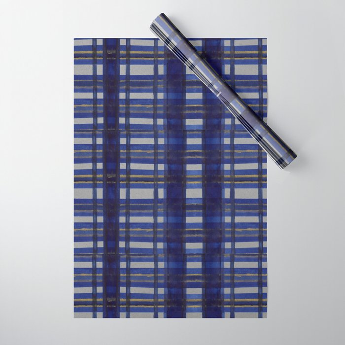 Gray, Gold and Navy Blue Plaid, Summer Stargazing Collection Wrapping Paper