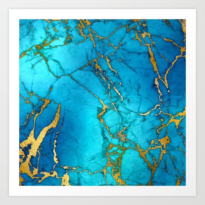 Gold And Teal Blue Indigo Malachite Marble Art Print By