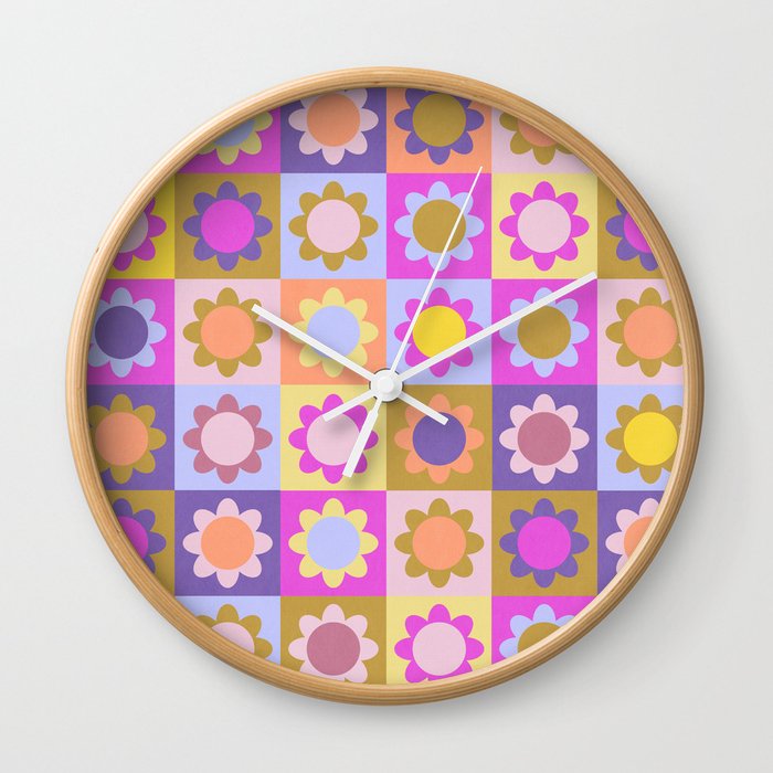 70s Retro sun flower checker  Wall Clock