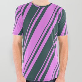 [ Thumbnail: Violet and Dark Slate Gray Colored Lines Pattern All Over Graphic Tee ]