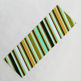 [ Thumbnail: Aquamarine, White, Green, Black, and Goldenrod Colored Pattern of Stripes Yoga Mat ]