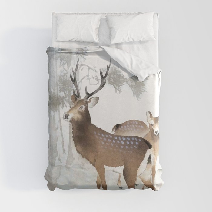 Couple Of Deer Under The Full Moon - Vintage Japanese Woodblock Print Art Duvet Cover