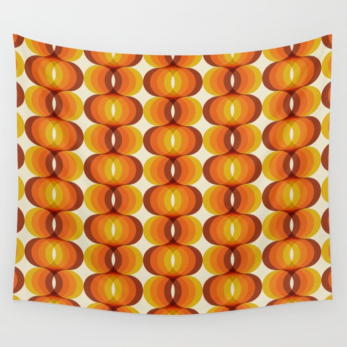 Orange, Brown, and Ivory Retro 1960s Wavy Pattern Wall Tapestry