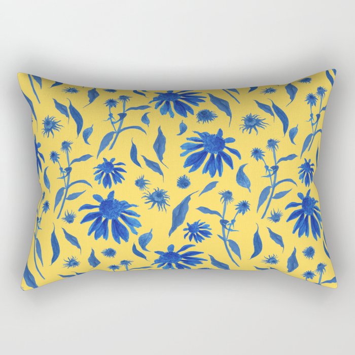 Elegant Blue Yellow Cone Flowers Floral Pattern Rectangular Pillow