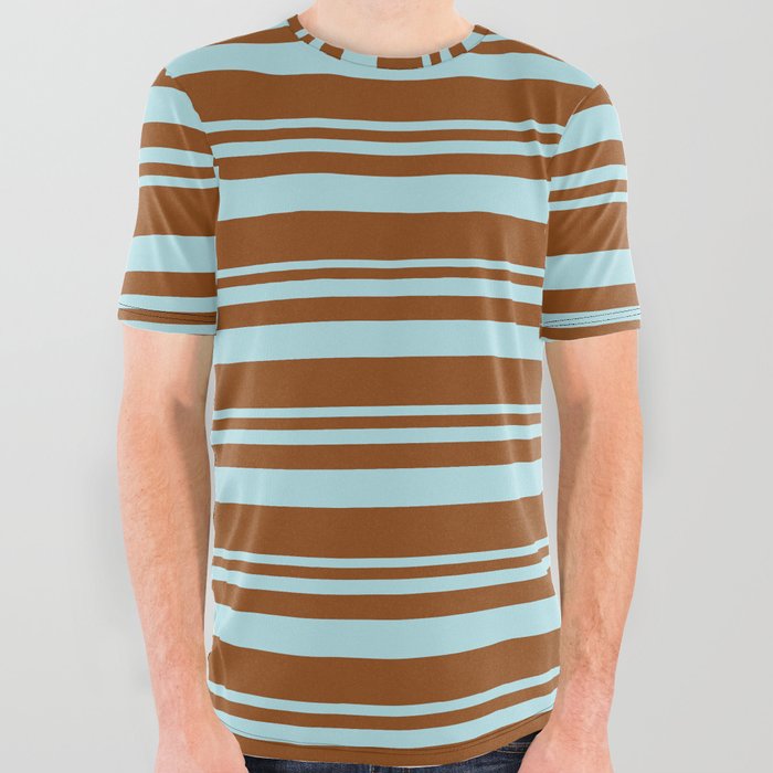 Powder Blue & Brown Colored Striped Pattern All Over Graphic Tee