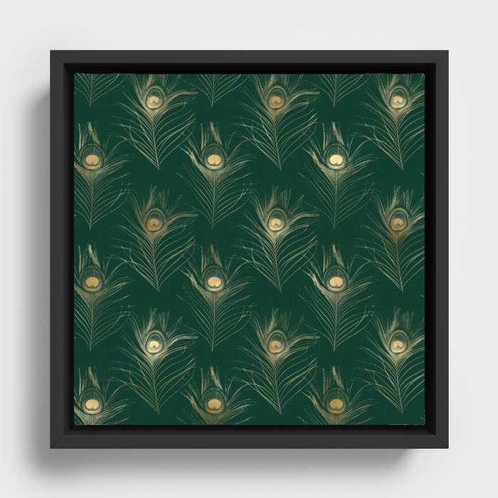 Gold Green Peacock Feather Pattern Framed Canvas