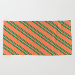 [ Thumbnail: Sea Green & Coral Colored Striped/Lined Pattern Beach Towel ]