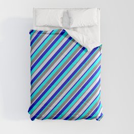 [ Thumbnail: Cyan, Gray, Lavender, and Blue Colored Lines/Stripes Pattern Comforter ]