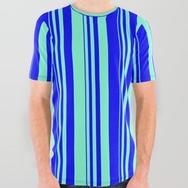 [ Thumbnail: Blue & Aquamarine Colored Striped Pattern All Over Graphic Tee ]