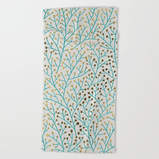 Berry Branches – Turquoise & Gold Beach Towel