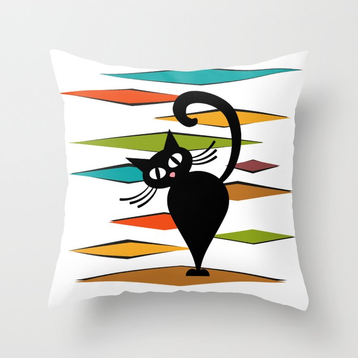 Mid Century black cat design Throw Pillow