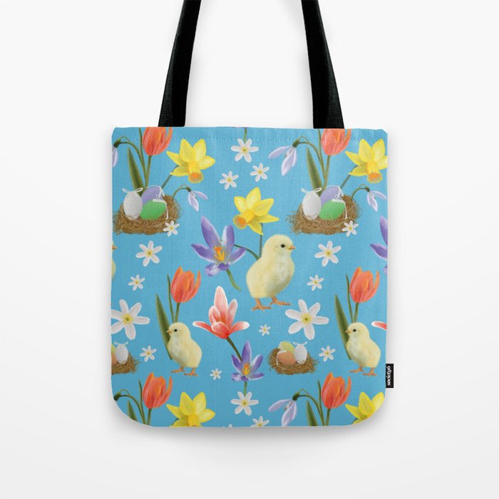 Colorful pattern with easter chicks, easter nests, tulips, daffodils, crocuses, wood anemones Tote Bag