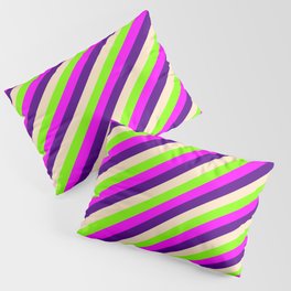 [ Thumbnail: Chartreuse, Fuchsia, Indigo & Bisque Colored Lined/Striped Pattern Pillow Sham ]