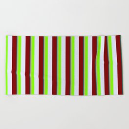 [ Thumbnail: Vibrant Teal, Tan, Chartreuse, Lavender & Maroon Colored Striped/Lined Pattern Beach Towel ]