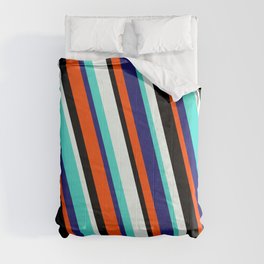 [ Thumbnail: Vibrant Mint Cream, Turquoise, Midnight Blue, Red & Black Colored Lines/Stripes Pattern Comforter ]