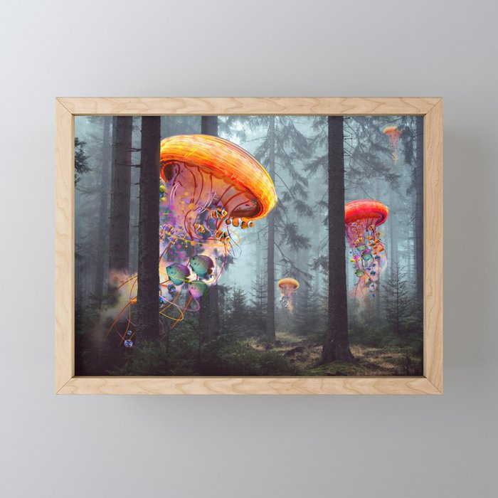 Electric Jellyfish Worlds in a Forest Framed Mini Art Print