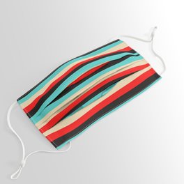 [ Thumbnail: Tan, Red, Black, and Turquoise Stripes/Lines Pattern Face Mask ]