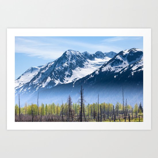 Snowy Mountains and Forest in the Fog, Alaska Art Print