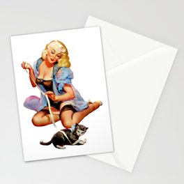 Sexy Blond Vintage Pinup Playing With a Cute Puppy Cat Stationery Card