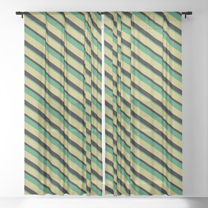 Dark Khaki, Black & Sea Green Colored Lines Pattern Sheer Curtain