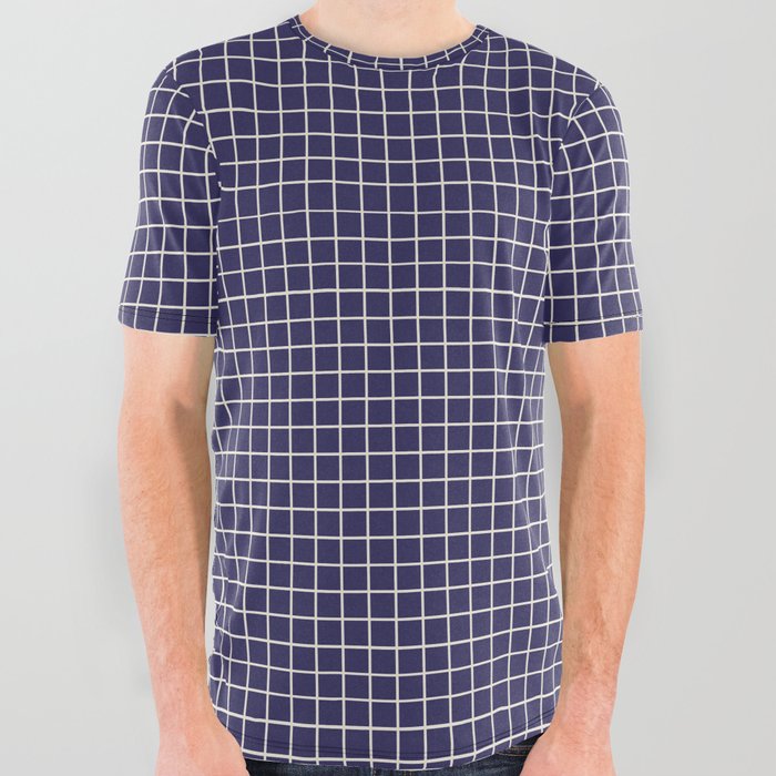 Window pane Modern Vintage Small Grid Navy Blue and White All Over Graphic Tee