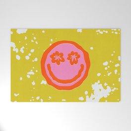 Wavy Smiley Face With Retro Flower Eyes Welcome Mat