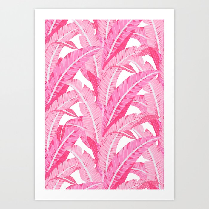 Pink banana leaves tropical pattern on white Art Print