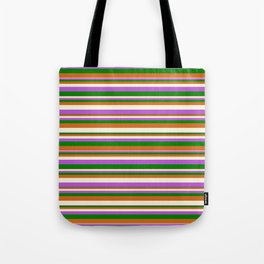 [ Thumbnail: Chocolate, Beige, Orchid & Green Colored Striped/Lined Pattern Tote Bag ]