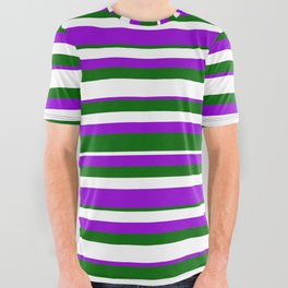[ Thumbnail: Dark Green, White & Dark Violet Colored Lined Pattern All Over Graphic Tee ]