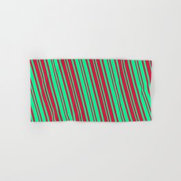 [ Thumbnail: Crimson and Green Colored Lines/Stripes Pattern Hand & Bath Towel ]
