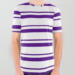 [ Thumbnail: Indigo and White Colored Lines Pattern All Over Graphic Tee ]