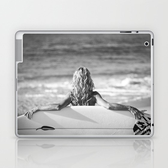 Little surfer girl beach female women surfing black and white photograph / photography / photographs for home and wall decor Laptop & iPad Skin
