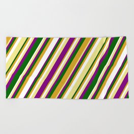 [ Thumbnail: Tan, Purple, Dark Green, Goldenrod, and White Colored Lined/Striped Pattern Beach Towel ]