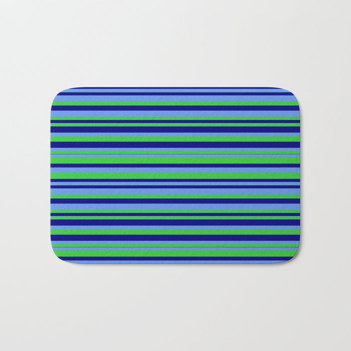 Cornflower Blue, Lime Green, and Blue Colored Striped/Lined Pattern Bath Mat