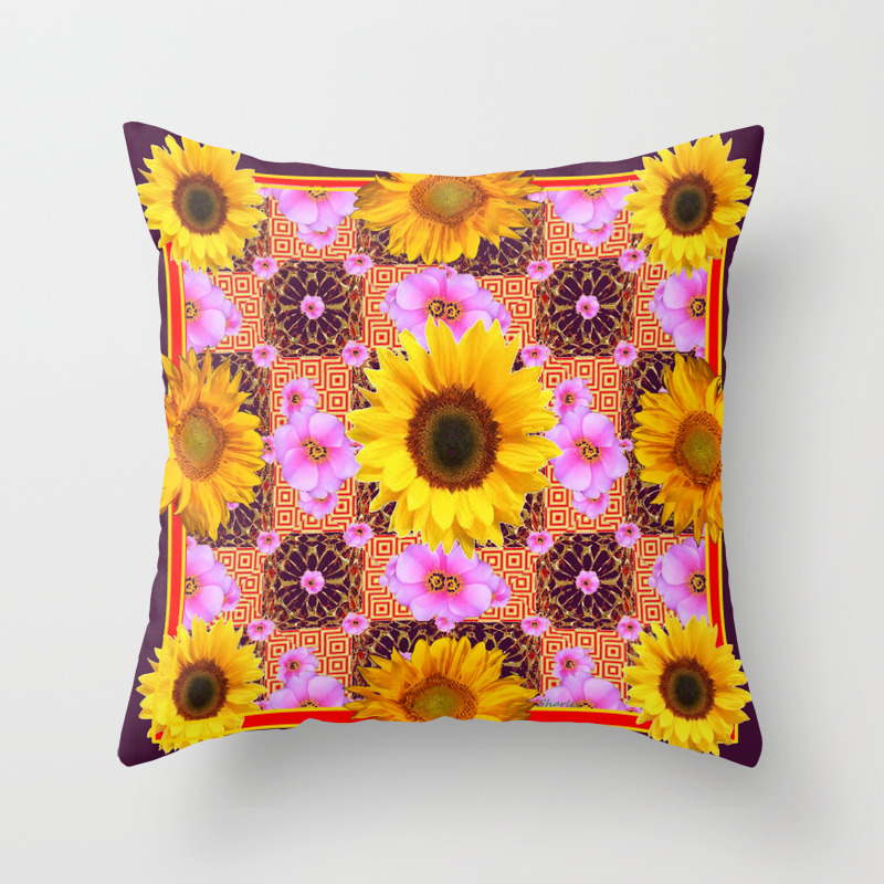 Western Style Burgundy Sunflower Art In Pink Throw Pillow By