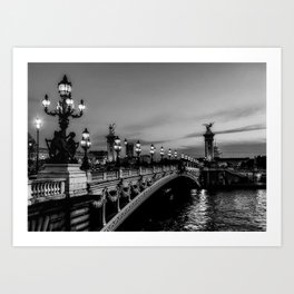 Paris, River Seine Bridge View at Sunset black and white photograph Art Print